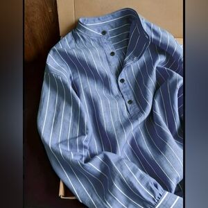 *NEW ARRIVAL* Stylish Blue Linen Striped Casual Men's Shirt